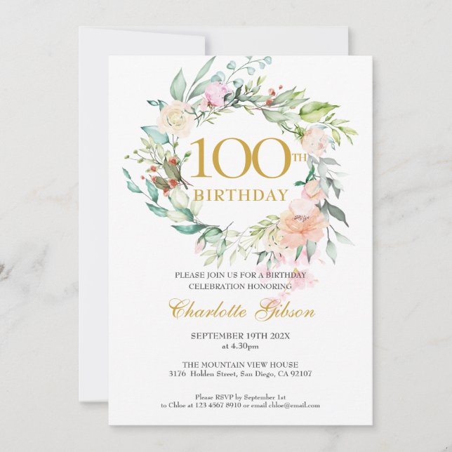 Blomster Rosor Girlang Monogram 100-årsdag Inbjudningar (Framsida)