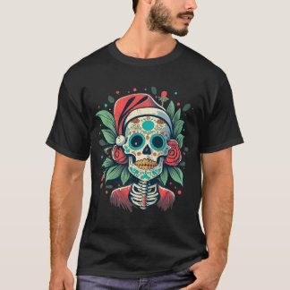 Blomster Santa Dödskalle med Rosor Dag för Döda Ko T Shirt