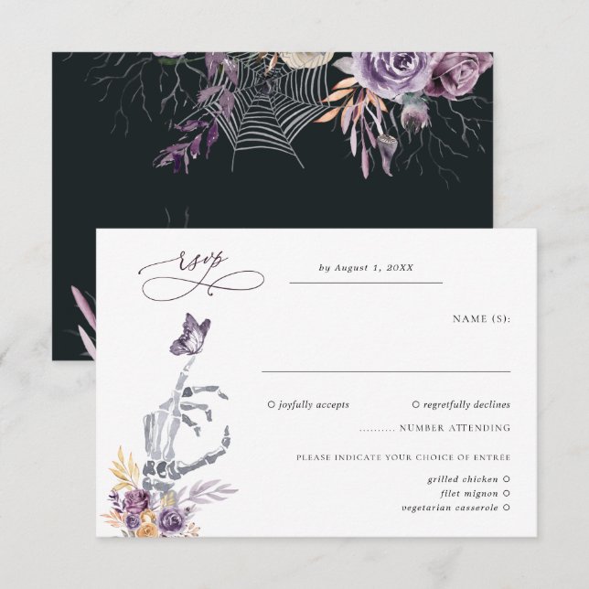 Blomster Skelett | Halloween Bröllop RSVP OSA Kort (Fram/baksida)