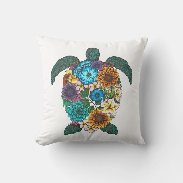 Blomster Sköldpadda Färg Vit Bakgrund Kudde (Framsida)