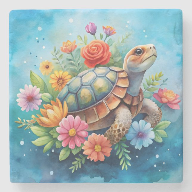 Blomster Sköldpadda Stenunderlägg (Framsidan)