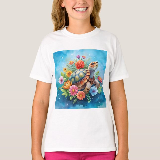Blomster Sköldpadda T Shirt (Framsida)