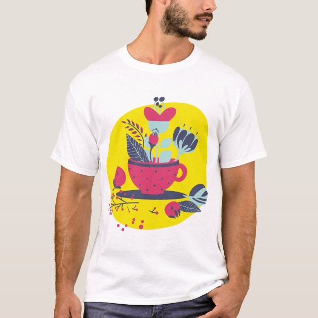Blomster Tea Cup Illustration T-Shirt - Modern Boh (Framsida)