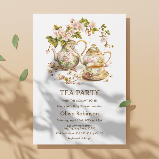 Blomster Tehinkare Tekvart Tid för Te Barnkalas  Inbjudningar (Floral Teapot Tea Party Time for Tea Baby Shower Invitation  )