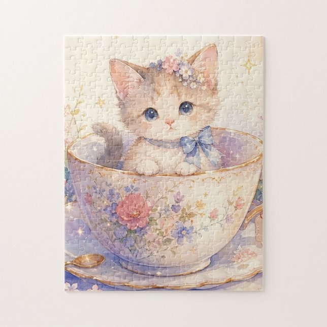Blomster Tekopp Kattunge Pussel (Vertikal)