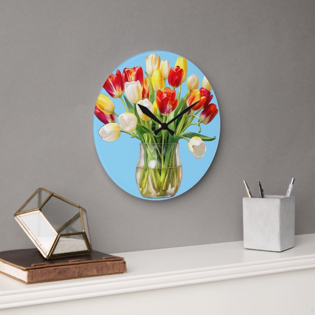 Blomster Tulpanbukett Rund Vägglocka Stor Klocka (Kontor)