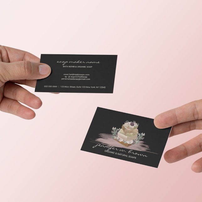 Blomster Tvål Tillverkning Svart Rosa Visitkort (Floral Soap Making Black Pink Business Card)