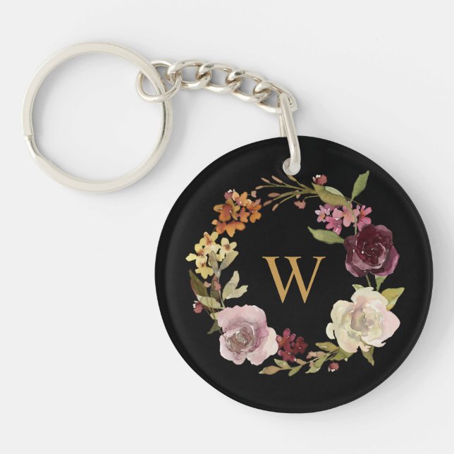 Blomster vattenfärg krans monogram svart (Framsidan)