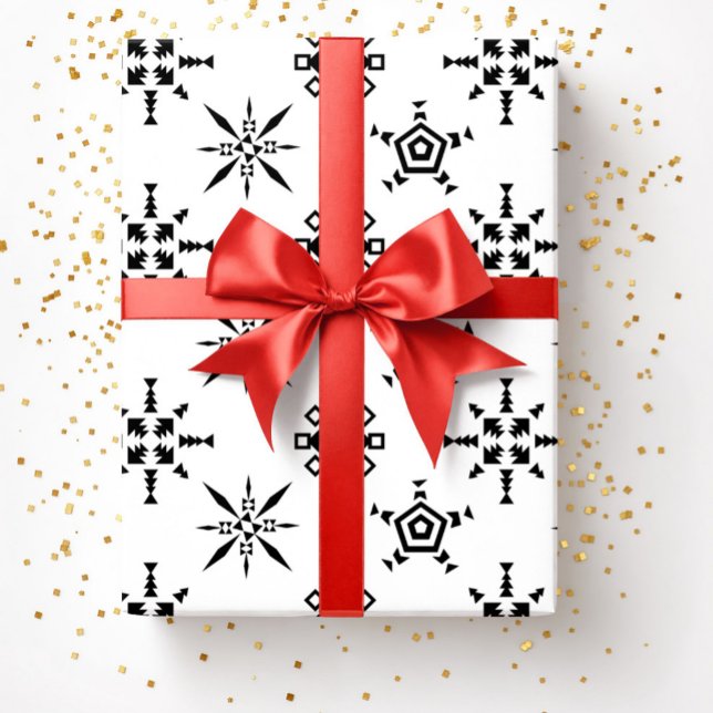 Blomsterad och vit snöflingad jul presentpapper (Festive Black And White Snowflake Christmas Wrapping Paper)