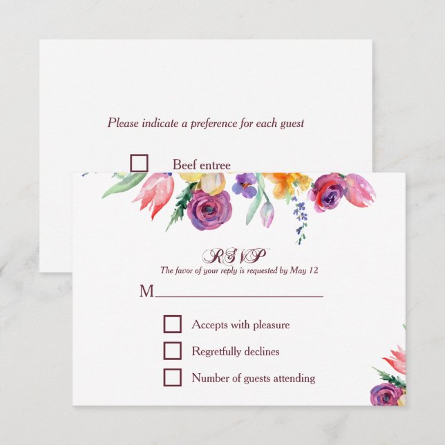 Blomsterakvarell på Vit RSVP och Meny (Fram/baksida)