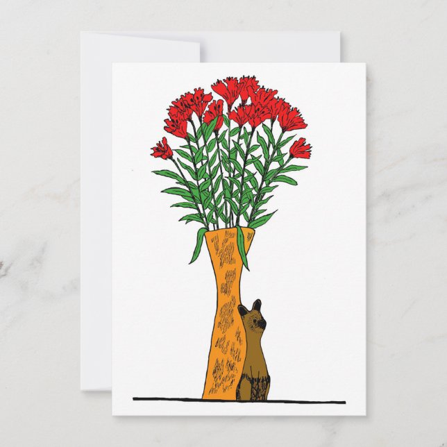 Blomsterälskare | Röda blommor med träkatt Inbjudningar (Framsida)