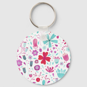 Blomsteräng Vattenfärg Teal Nyckelring