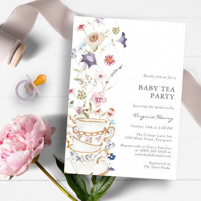 Blomsterbabykalasinbjudan Inbjudningar (Beautiful Wildflower Baby Shower Tea Party Invitation by Painted Paperie)