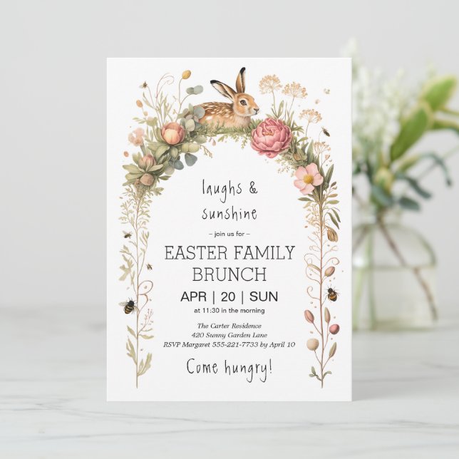 Blomsterbåge Kanin Påskbrunch Inbjudan (Stående Fram)
