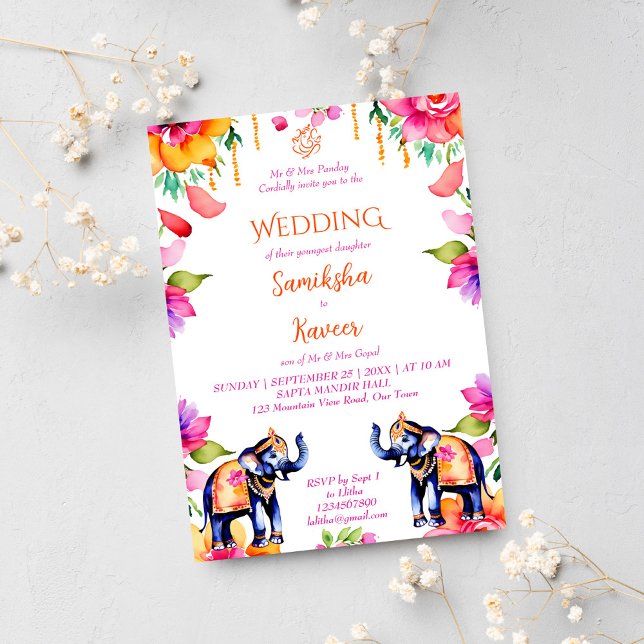 Blomsterblanketter för mantelnblommor i bröllop inbjudningar (Indian wedding ornate elephants template invitation digital download cerise modern watercolor pretty)