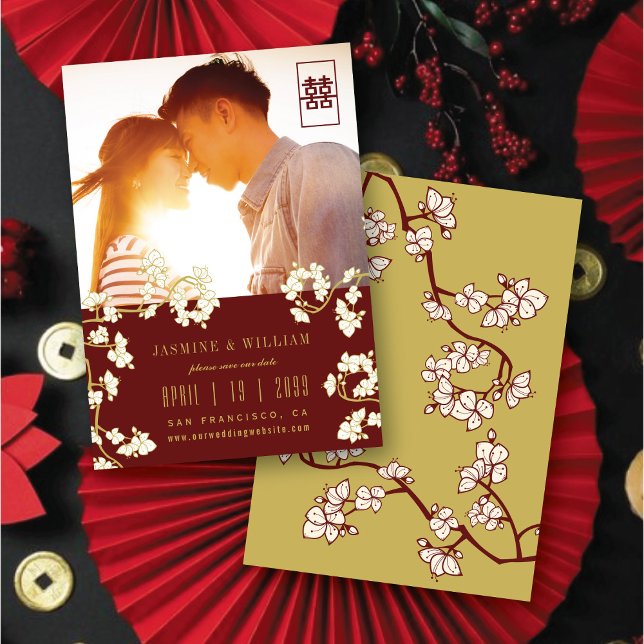 Blomsterblommor av persiko-/plommon Dubbel Xi-foto Spara Datumet (Burgundy Red/Gold/Ivory White Peach/Plum Blossom Flowers Chinese Wedding Photo Save The Date Card)