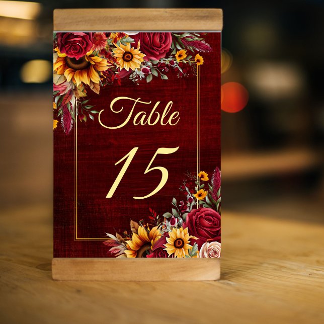Blomsterblommor i ro bordsnummer (Sunflower wedding decorations Fall sunflower wedding  table number card burgundy roses and sunflower)