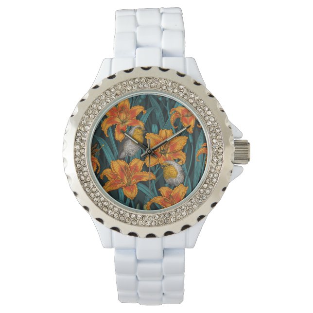Blomsterblommor, orange och blått armbandsur (Framsida)