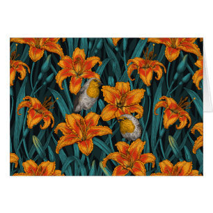 Blomsterblommor, orange och blått hälsningskort