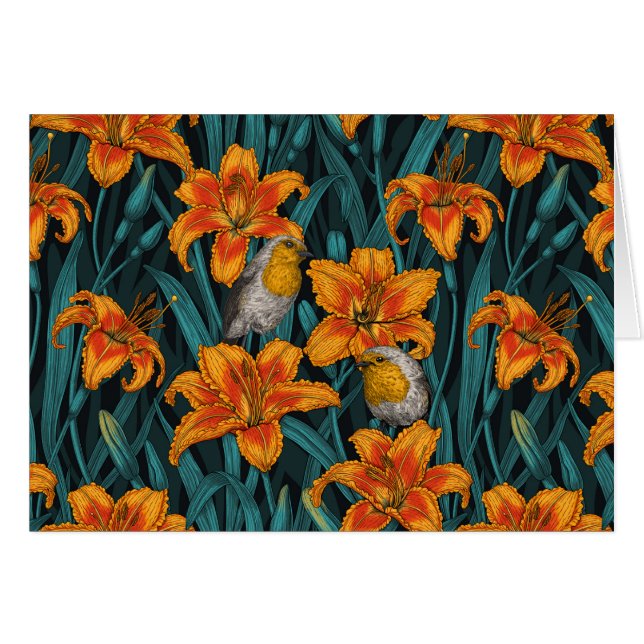 Blomsterblommor, orange och blått hälsningskort (Framsidan Horizontal)