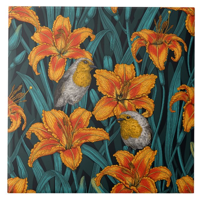 Blomsterblommor, orange och blått kakelplatta (Framsidan)