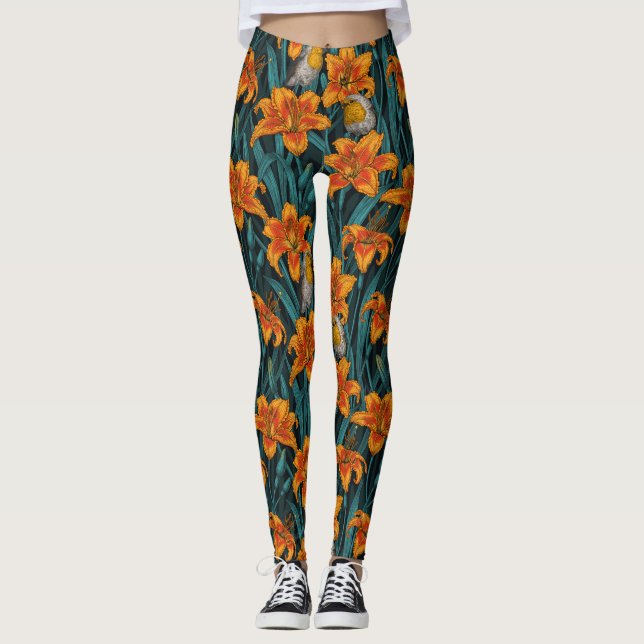 Blomsterblommor, orange och blått leggings (Framsida)
