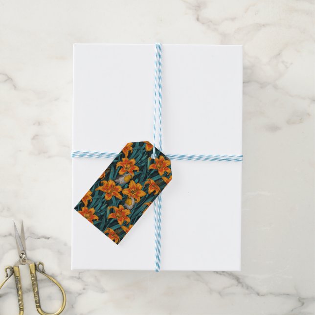 Blomsterblommor, orange och blått presentetikett (Med Snöre)
