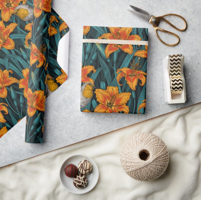 Blomsterblommor, orange och blått presentpapper (Hantverk)