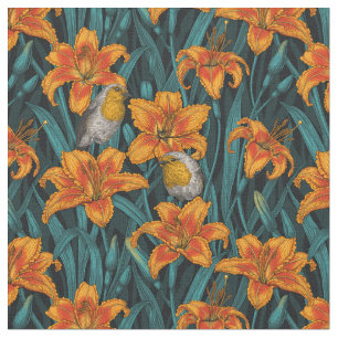 Blomsterblommor, orange och blått tyg