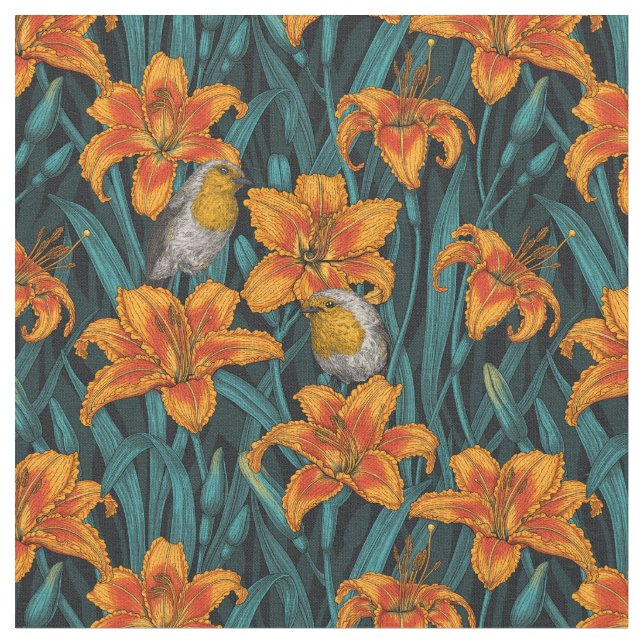 Blomsterblommor, orange och blått tyg (Närbild)