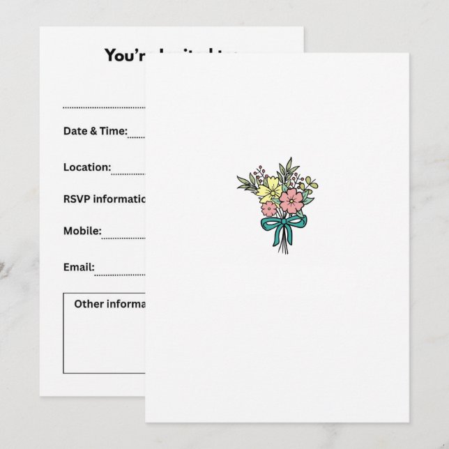 Blomsterbukett, blommig, färgrik inbjudningar (Fram/baksida)