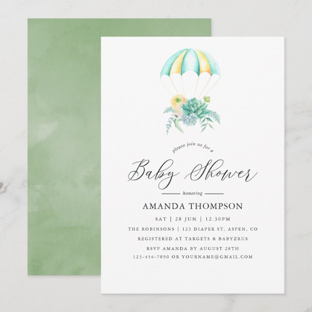 Blomsterbukett Fallskärms Baby Shower Inbjudningar (Fram/baksida)