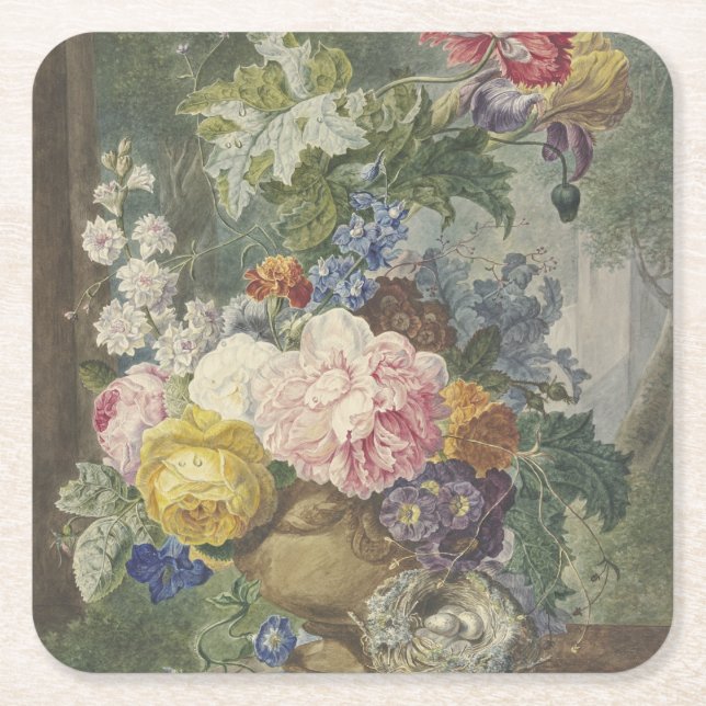 Blomsterbukett i en vas med fågelnäste underlägg papper kvadrat (Framsidan)