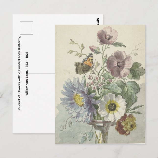 Blomsterbukett - Målade Lady Fjäril Vykort (Fram/baksida)