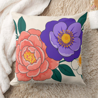 Blomsterbukett med lila och korallfärgade blomster kudde