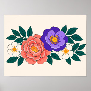 Blomsterbukett med lila och korallfärgade blomster poster