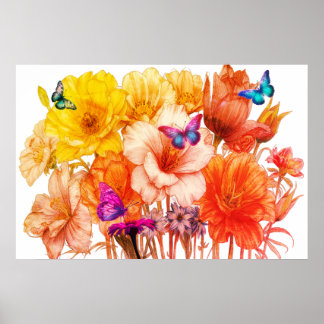 Blomsterbukett och fjärilar på vacker vägg poster