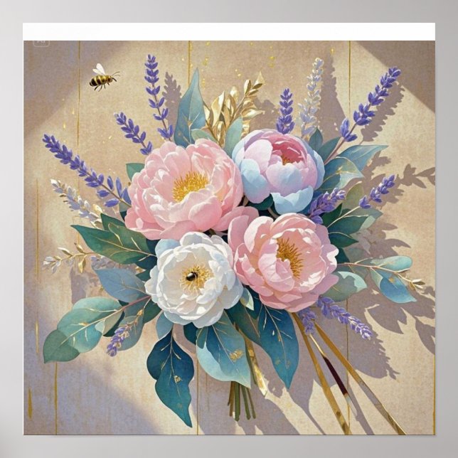 Blomsterbukett pioner lavendel poster (Framsidan)