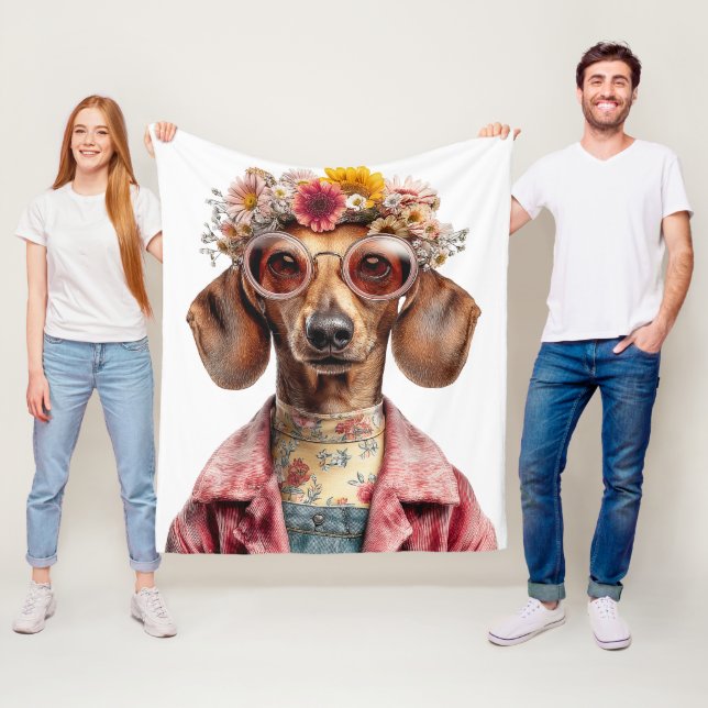 Blomsterdachshund i vintage-stil fleecefilt (På plats)