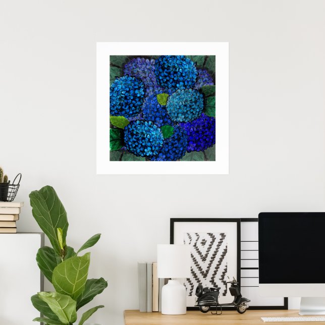 Blomsterdesign Blå Hortensia Blomma Poster (Hemmakontoret)