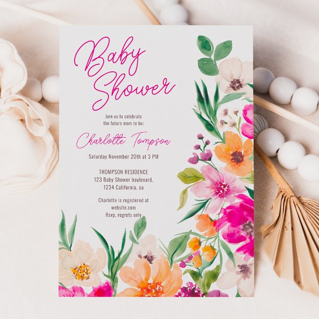 Blomsterdusch för ljusfeta vilder inbjudningar (Bright bold wild flowers script baby shower invitation)