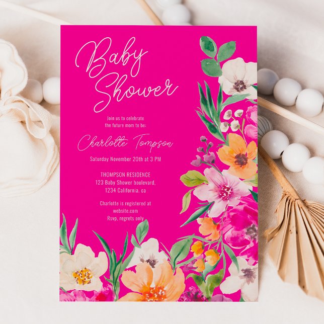 Blomsterdusch för ljusfeta vilder inbjudningar (Bright bold wild flowers script baby shower invitation)