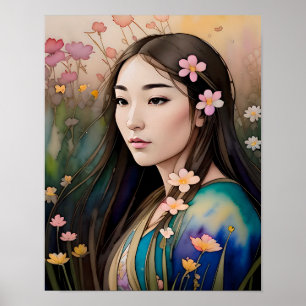 Blomsterfält Vacker kvinna blommor i håret Poster