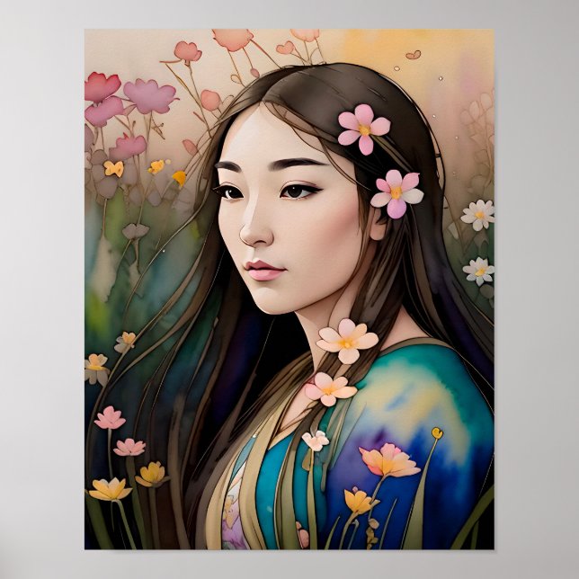 Blomsterfält Vacker kvinna blommor i håret  Poster (Framsidan)