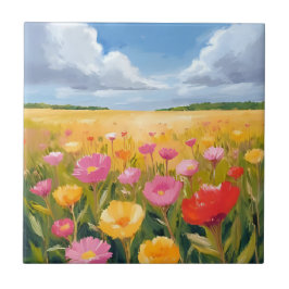Blomsterfältslandskapsmålning Akvarell Kakelplatta