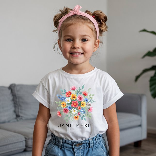 Blomsterflicka | Anpassat namn Vildblomma Födelsed T Shirt (Flower Girl Proposal Custom Name T-Shirt | Boho Wildflower Garden Party Kids Apparel)