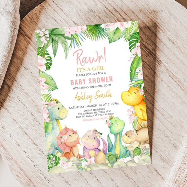 Blomsterflicka Dinosaurie Baby Shower  Inbjudningar (Greenery Dinosaur Baby Shower Invitation)