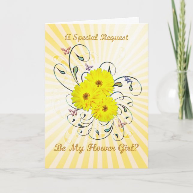 Blomsterflicka inbjudan, gula blommor tack kort (Framsida)