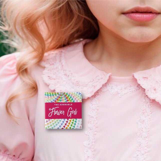 BLOMSTERFlicka Regnbåge Hjärtan Strössel Elegant B Knapp (The Adorable FLOWER GIRL Rainbow Hearts Sprinkles Chic Wedding Pinback Button @ fat_fa_tin)
