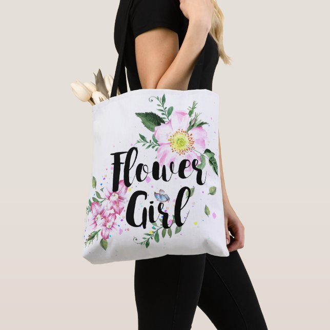 Blomsterflicka Rosa Rodnad Blommig Akvarell Bröllo Tygkasse (Närbild)